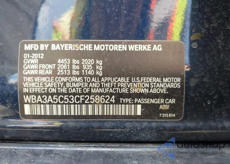 2012 BMW 328I из США, поврежденный, VIN WBA3A5C53CF258624